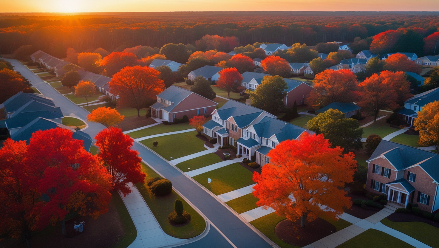 Aerial photo of a Raleigh, North Carolina suburban neighborhood at sunset — Secret Optimizer serves local businesses across the Triangle area
